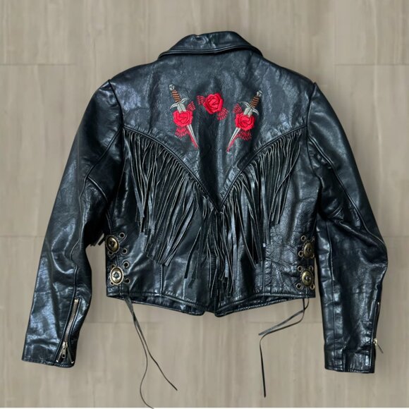 Vintage Park V Black Leather Fringe Jacket Embroidered Roses & Daggers 10 - Picture 4 of 9